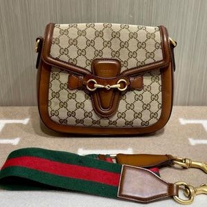 Gucci 1955 Horsebit Lady Web GG Canvas Guitar Brown Medium Monogram HandBag